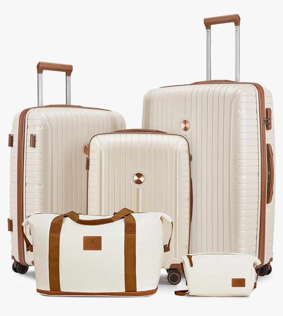 Joyway Luggage Sets 5 Piece PP Hardshell Carry on Suitcase, Travel Lightweight Carry-on with Double Spinner Wheels and TSA Lock, Beige Brown