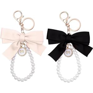 Bag Purse Charms for Handbags with Bow Keychain Black Ribbon Wristlet Keychain for Women Pearl Bracelet Keychain for Car Keys Cute Coquette Accessories for Women Girls Bag Decoration 2Pcs