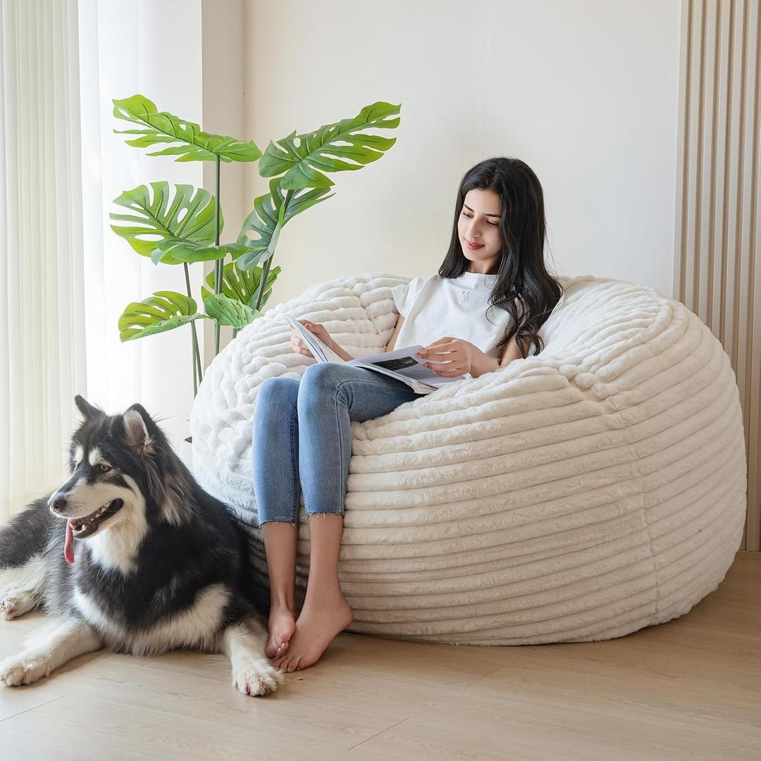 MAXYOYO Bean Bag Chair for Adults, Large 4 ft Bean Bag Chair with Foam Filling, Ultra Soft Fur Lazy Sofa for Living Room Bedroom, Machine Washable Cover (Beige)