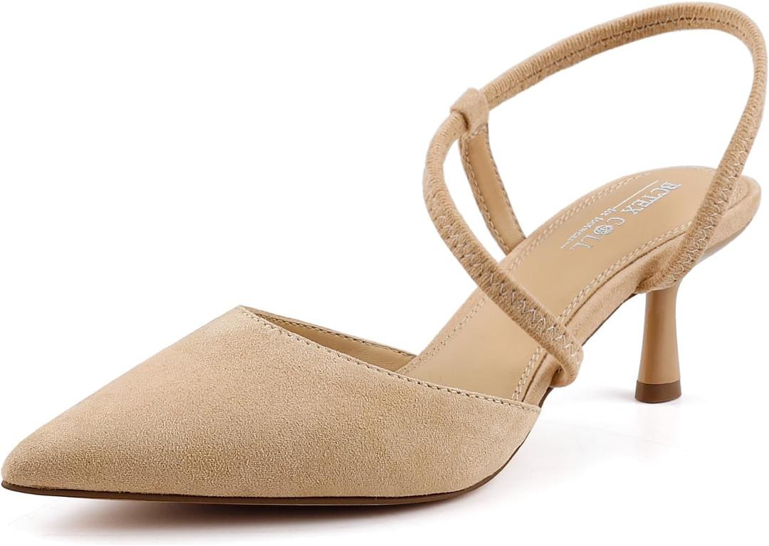 BCTEX COLL Women's Kitten Heel Slingback Closed Pointed Toe Low Stiletto Heels Comfortable Party Wedding Work Dressy Pumps Shoes (Beige)