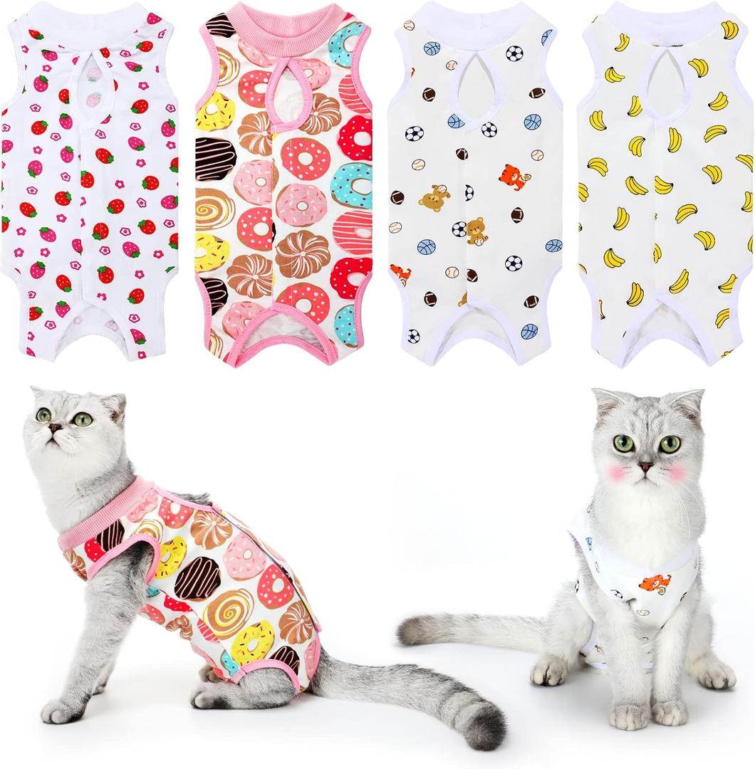 4 Pieces Cat Recovery Suits Body Wraps Breathable Kittens Recovery Clothes for Cats Small Dogs Abdominal Weaning(Banana, Football, Strawberry, Donut,XL)