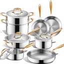 Triple Ply Stainless Steel Pots and Pans Set, EWFEN 12 Piece Induction Cookware Set, Oven Dishwasher Safe | Frying Pans, Saucepans, Saute Pan & Stock Pot, PFOA Free Kitchen Skillet, Gold