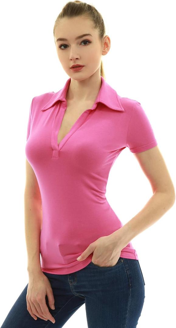 AmélieBoutik Women Collared V Neck Short Sleeve Polo Shirt (Pink, S)