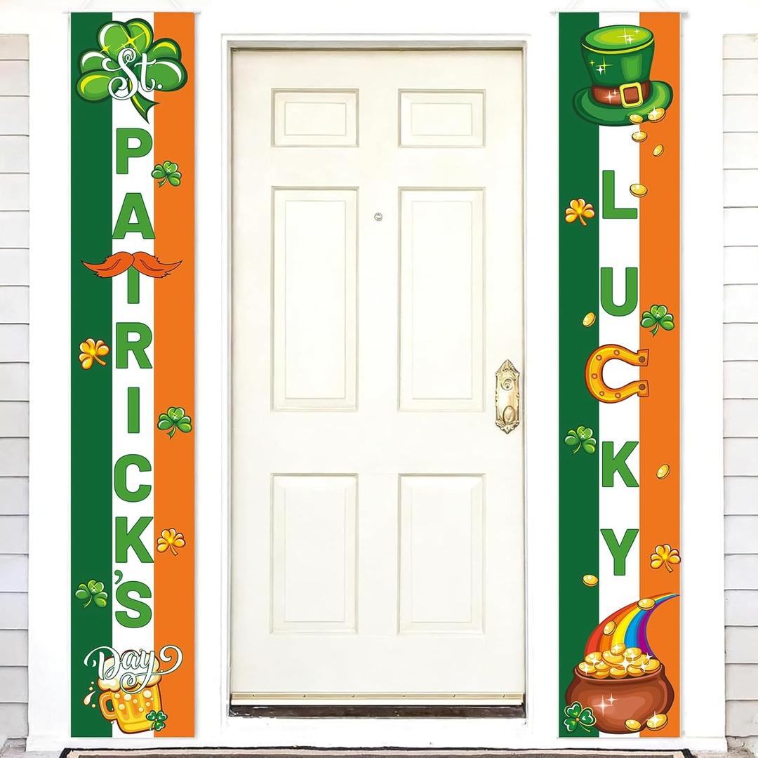 Ledinca St. Patrick's Day Door Banner Decorations 2 Pack, 72" x 12" St Patricks Day Irish Porch Signs, Shamrock Leprechaun Lucky Hanging Banners for Home Wall Front Porch Indoor Outdoor Party Decor