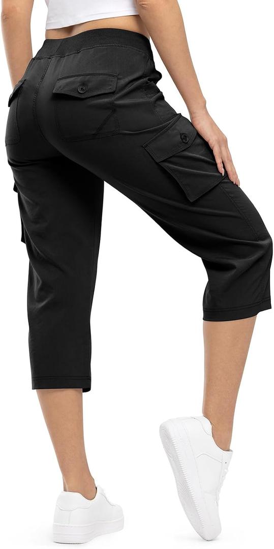 TBMPOY Womens Cargo Capris Lightweight Hiking Pants 6 Pockets Quick Dry Casual Outdoor Trip Loose Shorts Cropped Cotton (Black, L)