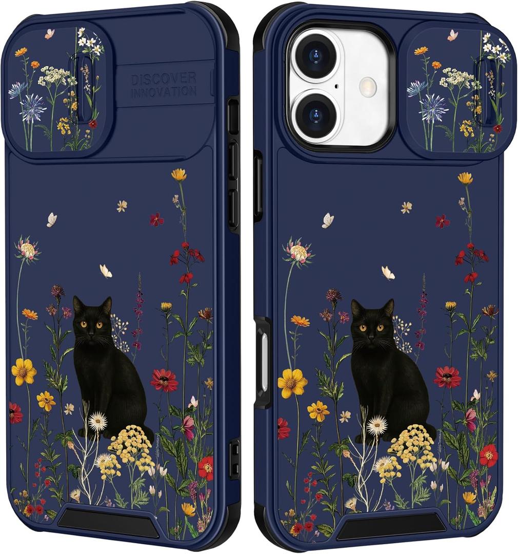 for iPhone 16 Plus Case - Women Cute Phone Cover Girly Pretty Fancy Unique Aesthetic Design Slide Camera Cover Protective Case for Apple for iPhone 16 Plus,Black Cat