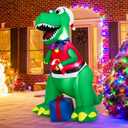 Tangkula 6 FT Lighted Inflatable Christmas Dinosaur Bite a Gift Box, Inflatable Christmas Decoration with LED Lights & Gift Box, Giant Indoor Outdoor Holiday Decoration for Yard, Party, Lawn