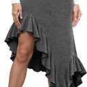 Yousify Womens Ruffle Midi Skirts Casual High Waisted Flowy Swing Boho Handkerchief Hemline Stretchy Asymmetrical Skirt (Small, Dark Grey)