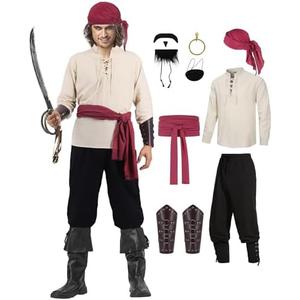 Ruimeier 10 Pcs Pirate Costume Men Renaissance Costumes Adult Halloween Medieval Viking Ouifits Set Shirt Pants Accessories, Large 