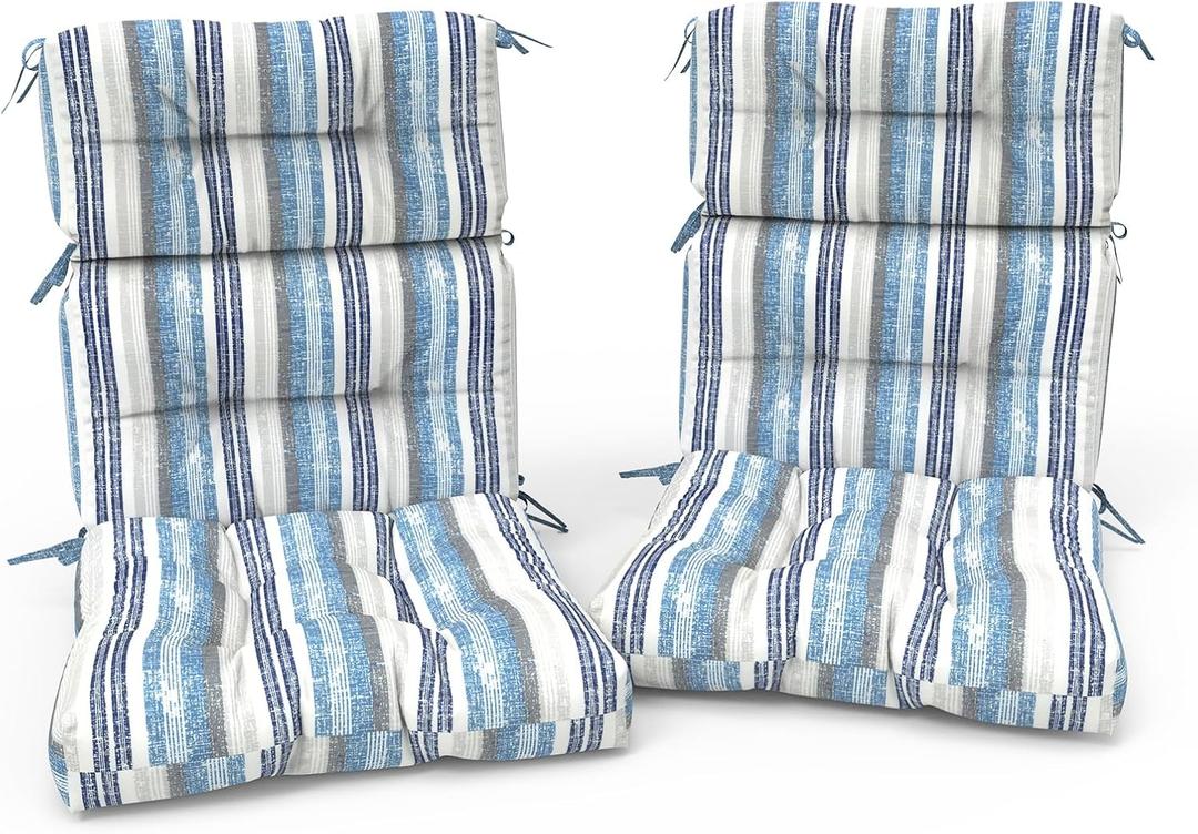 Outdoor High Back Patio Chair Cushions, Tufted Rocking Chair Cushions, Adirondack Cushions for Garden Porch Home Office Chairs Use, 44” x 22” x 4”, 2 Pack, Stripe Layered Blue