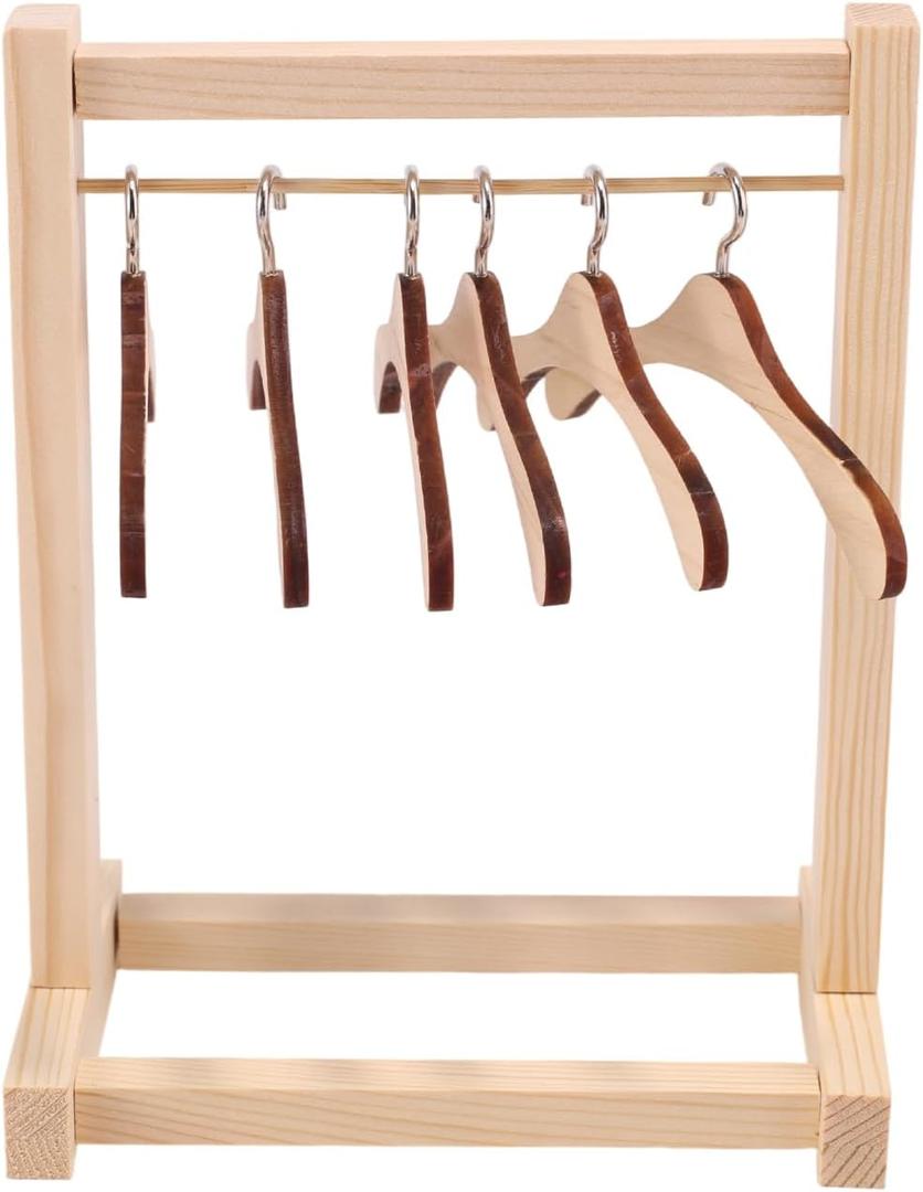 Doll Garment Rack with Hangers, Wooden Mini Clothes Rack with 6pcs Hangers for 17cm Doll Mini Closet Wardrobe Furniture Accessories for Dollhouse Supplies(Wood Color)