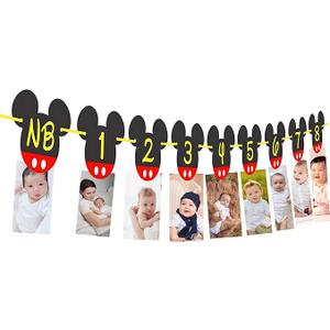 Mickey 1st Birthday Photo Banner - New Born to 12 Month First Birthday Banner - Mickey 1st Birthdays Decorations - Boy First Birthdays Decorations- 1-12 Month photo props