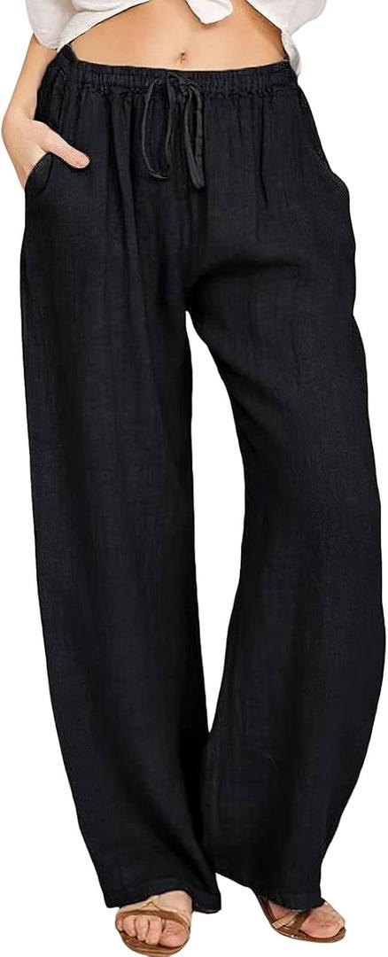 ebossy Women's Cotton Linen Pants Elastic High Waist Drawstring Wide Leg Lounge Palazzo Yoga Trousers (X-Large, Black)