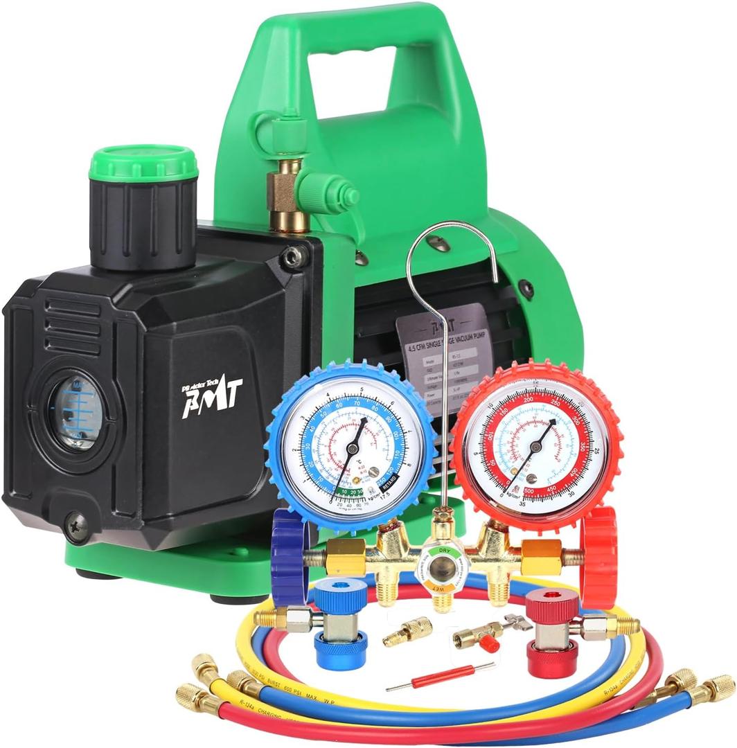 PB Motor Tech Vacuum Pump, 4.5 CFM Pump w/Brass Manifold Gauge, Quick Couplers, 410 Adapter, Can Tap & Valve Core Tool, For R134A, R12, R22, R502 Refrigerants & AC Maintenance