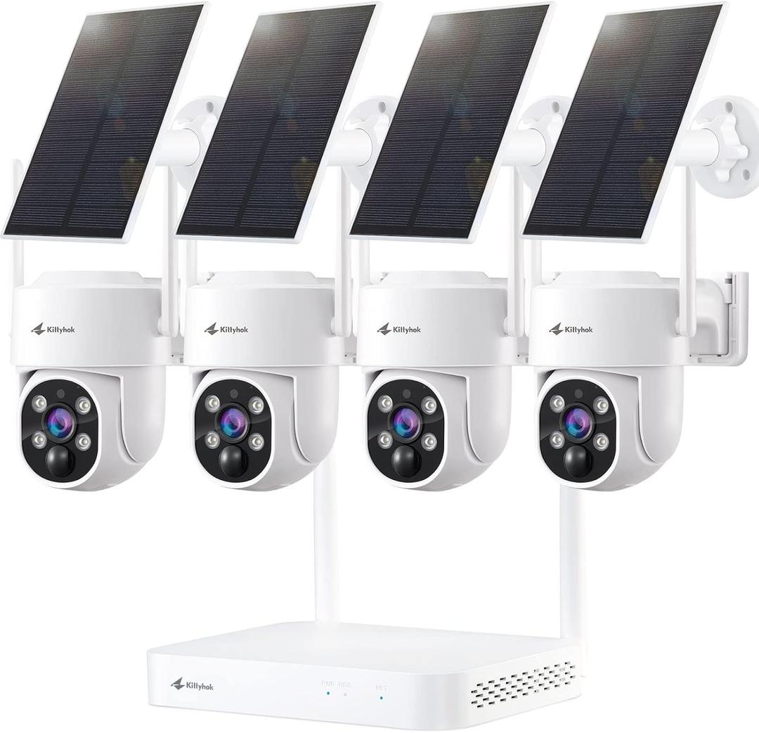 Kittyhok Solar Security Cameras Wireless Outdoor, 360 Pan & Tilt Home Security Camera, No Subscription, 2K Clarity, Color Night Vision, WiFi6 NVR with 64GB microSD Card, Local Storage, 5G & 2.4G WiFi