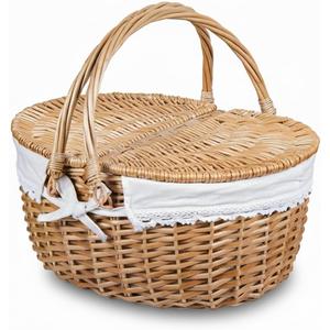 Wicker Picnic Basket with Lid and Handle Sturdy Woven Body with Washable Lining for Easter,Mother's Day,Outdoor Camping,Not Dyed
