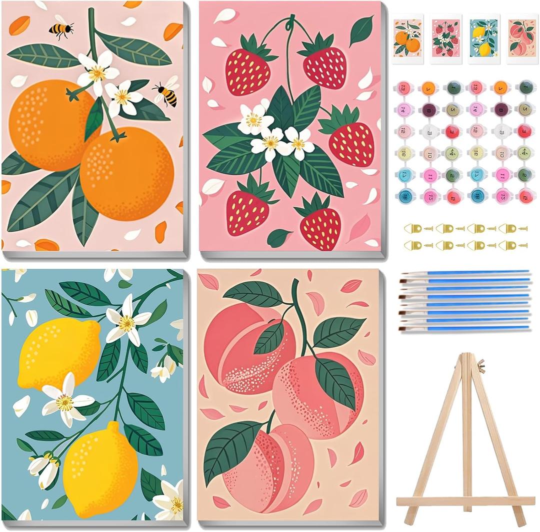 xcemhil 4 Pack Paint by Numbers for Adults with Wooden Framed, Adult Paint by Numbers Kit Fruit, Paint by Number Kits for Adults for Beginner with Wooden Easel for Gift Home Wall Decor 8x12 Inch