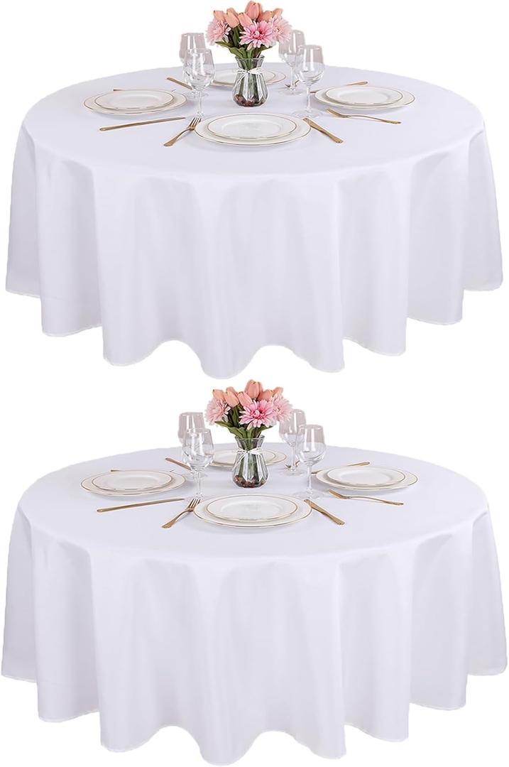 Kesfey 90 Inch Round Table Cloths White 2 Packs Stain and Wrinkle Polyester Tablecloths Washable High Density Tablecovers Fabric Table Covers for Wedding Celebration Buffet Camping Banquet Parties