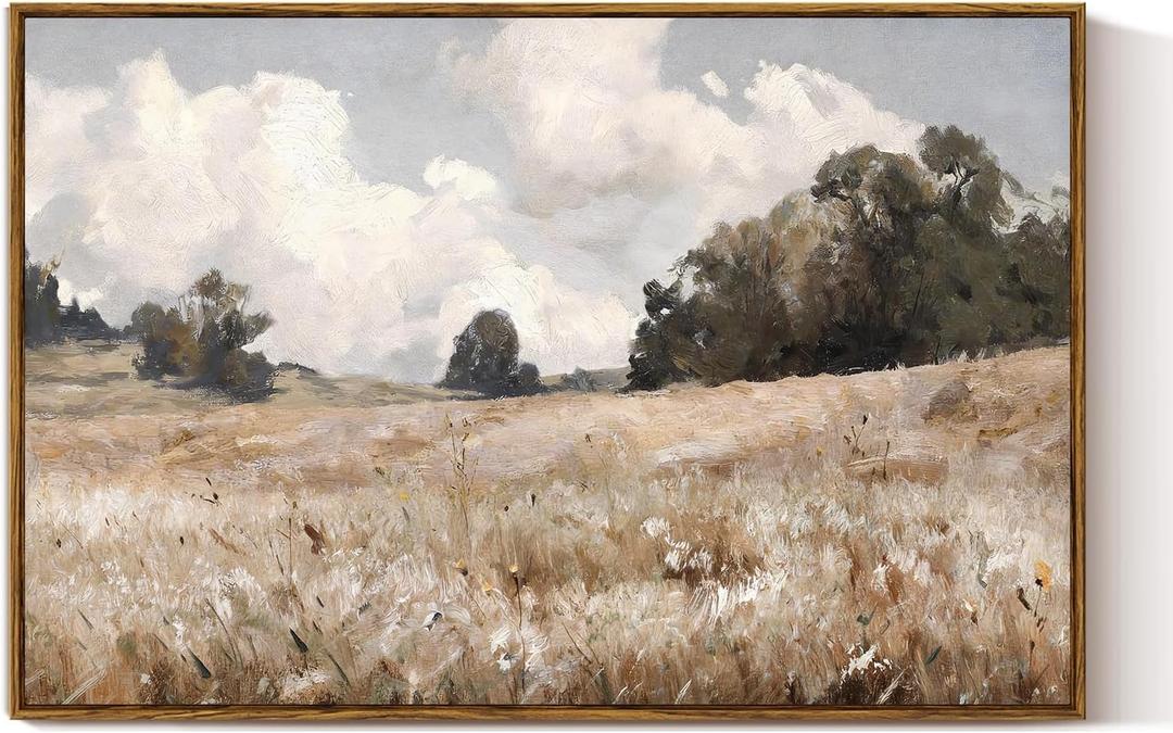 VIYYIEA Framed Canvas Wall Art Vintage Decor, Farmhouse Scenery Vast Field Grassland Paintings, Large Prints, Nature Landscape Wall Decoration for Living Room Bedroom Bathroom, 24"x36"