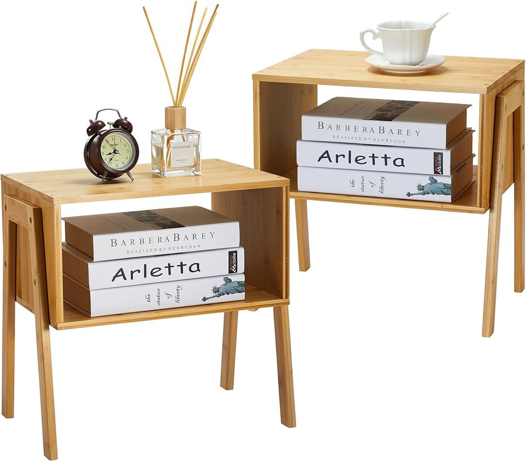 Pipishell Bamboo Stackable End Tables, Wood Living Room Nightstand, Bedside Tables for Bedroom Storage, Set of 2 (Natural)