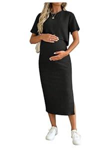 SHENHE Women's Maternity Ribbed 2 Piece Outfits Short Sleeve Crop Top Bodycon Slit Midi Skirt Set Black, Large