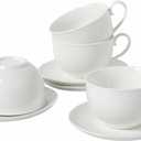 4pcs White Coffee Cups with Saucers, 10oz Ceramic Cappuccino Cups, Microwave & Dishwasher Safe, for Home, Cafe