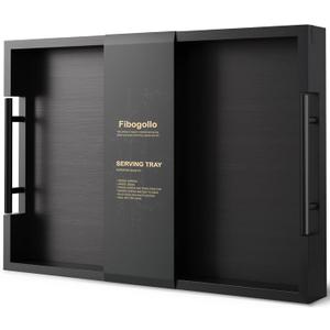 Bamboo Serving Tray with Metal Handles,17x12in Ottoman Decorative Trays Platter for Coffee Table,Living Room,Bar,Party,Large(Black)