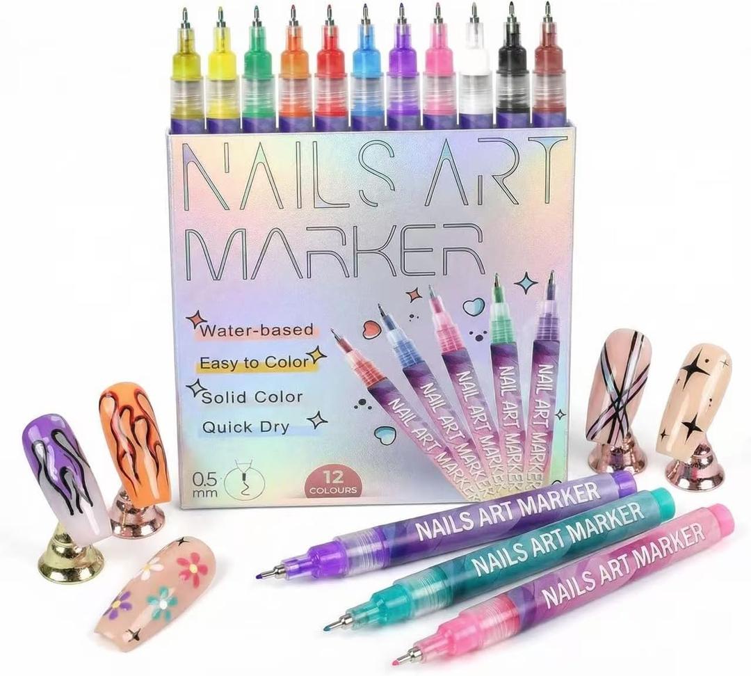 12 Colors Nail Art Pens Set, 0.5mm Ultra Fine Tip Nail Polish Markers for DIY Nail Design, Acrylic Nail Paint Pens for Nails, Paper, Crafts, Professional & Home Use