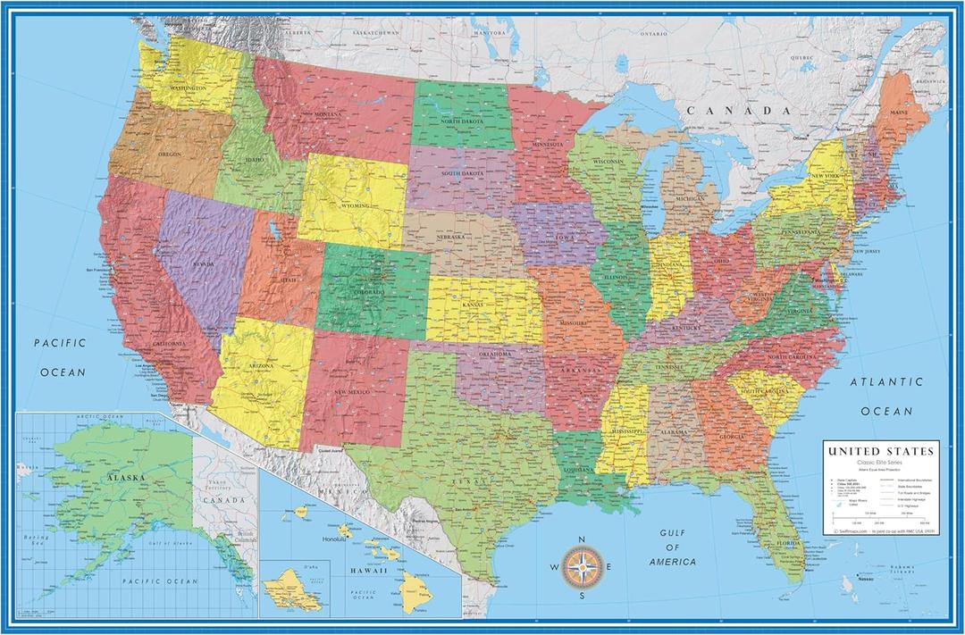 24x36 United States Classic Premier Blue Oceans 3D Wall Map Poster, Laminated Edition