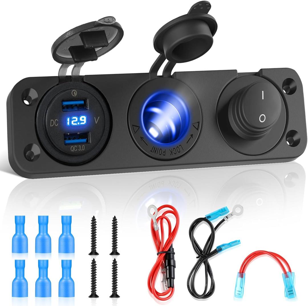 Kohree 12V Marine Boat Cigarette Lighter Socket, 3 in 1 Waterproof Car Dual QC3.0 USB Outlet Panel 12 Volt RV Power Socket LED Display Waterproof Charger Socket