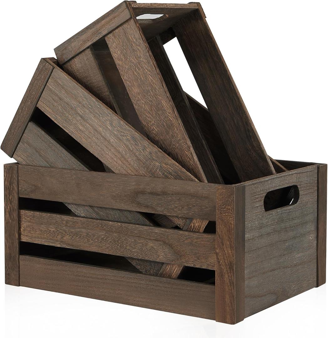 Wooden Crates 3 Pack, Nesting Handmade Wood Crates for Storage, No Installation Wooden Storage Box with Cutout Handle for Display & Decor, Brown