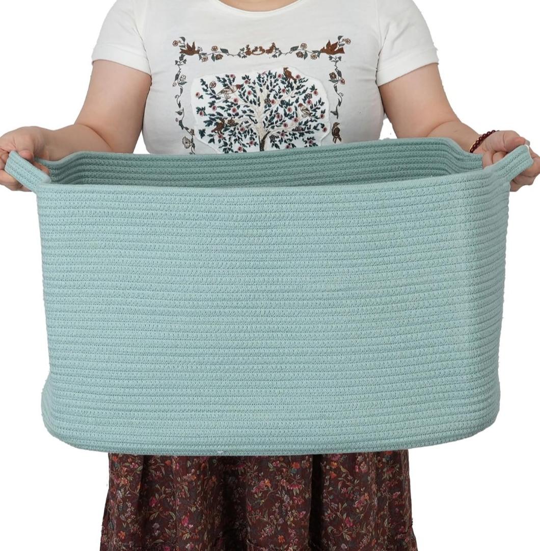 Large Rectangle Blankets Basket Living Room 22"x17"x12" Woven Cotton Rope Storage Baskets for Nursery Toy Baskets for Kids and Dogs Wicker Laundry Basket Bin for Clothes Towels green