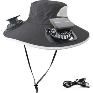 Solar Fan Hat Rechargeable 2 Detachable Solar Fans, Water-Repellent Wide Brim Bucket Hat, Outdoor Camping Hiking Golf Sun Hat (Darkgray)