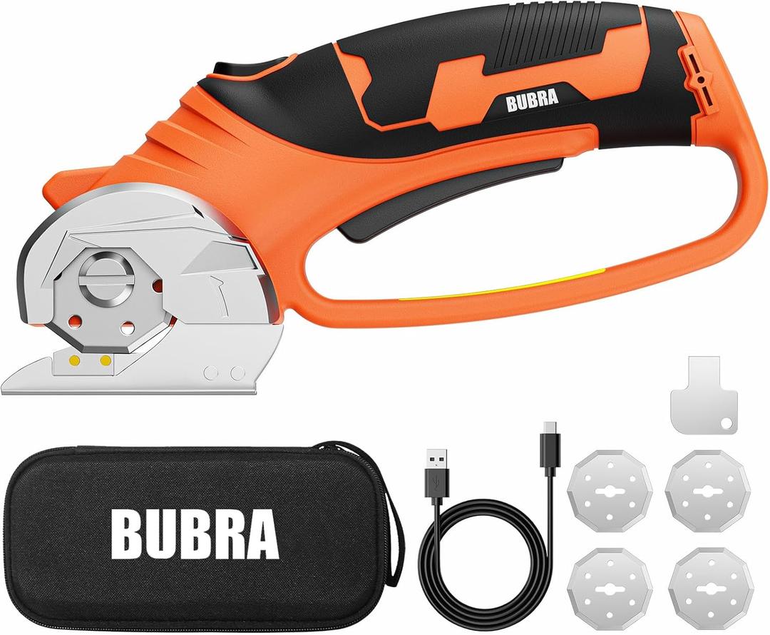 BUBRA Cordless Electric Scissors, 4V Cardboard Cutter with 4 Blades, Rechargeable Box Cutter up to 1/3", with Storage Bag, Safety Lock & LED Light for Cardboard, Fabric & Carpet