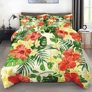 Pamnest Comforter Set Queen Size, Hibiscus Monstera Palm Leaf Soft 3 Pcs Bedding for Kids and Adults, Tropical Leaves Flower Comforter Set with Pillowcase, for Bedroom Bed Decor