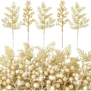 Cindeer 40 Pieces Christmas Tree Decorations Include 20 Glitter Berries Stems and 20 Xmas Tree Pick Leaves Fake Christmas Picks Artificial Pine Needles Glitter Sticks for DIY Wreath (Gold)