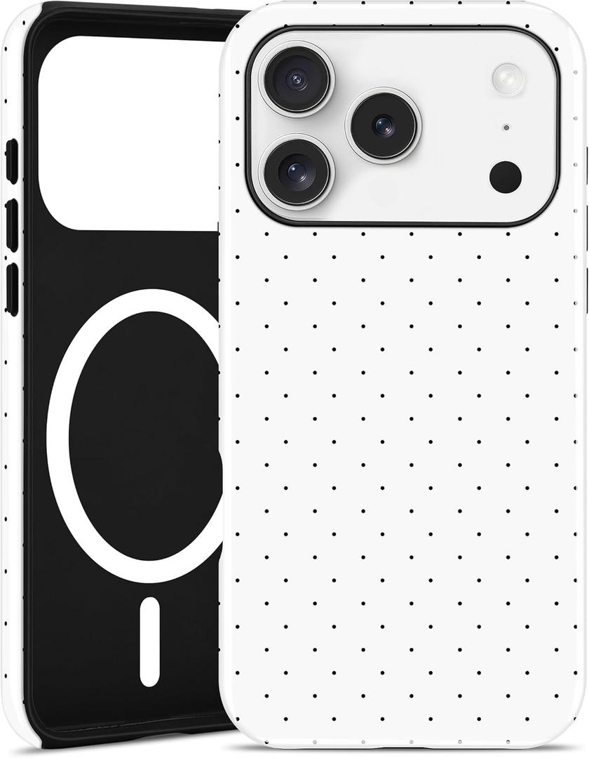 Jusy Compatible with MagSafe Polka Dot Case for iPhone 17 Pro Max, Cute Aesthetic Polka Dots Magnetic Phone Case, Soft TPU and Hard PC Protective Phone Cover for Women Girls (Matte) - White
