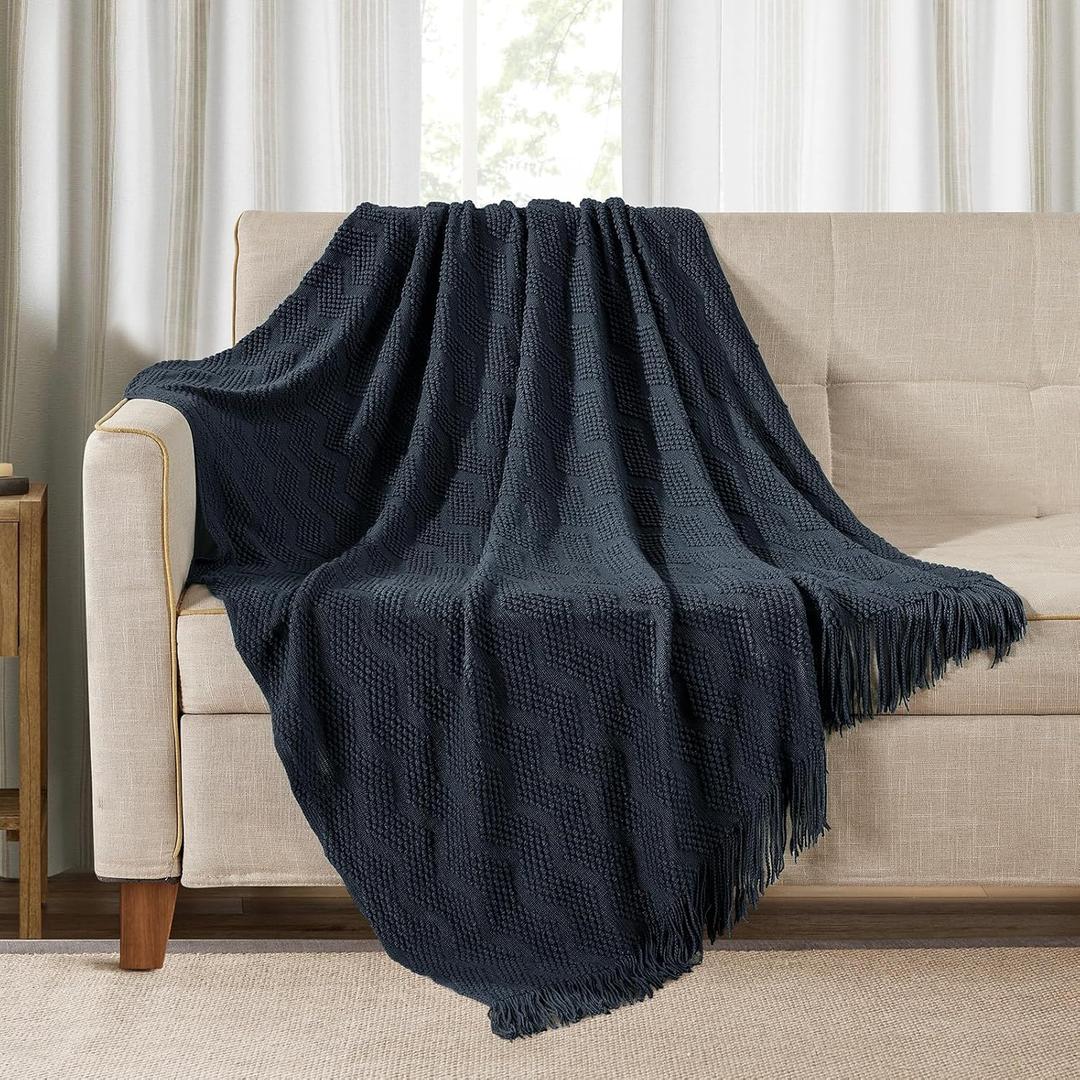 BOURINA Navy Throw Blanket 50x60 Inches Throw Textured Solid Soft Ripple Throws and Blankets for Sofa or Bed Knitted Decorative Blanket (50"x60", Ripple-navy)