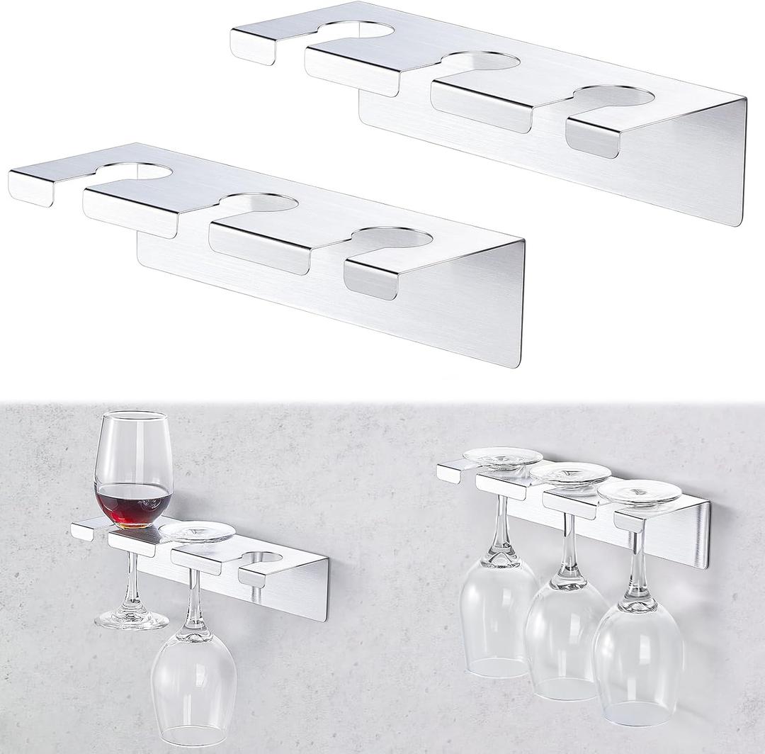 2 Pack Glass Rack Wall Mounted, Hanging Stemware Storage Glasses Holder, Stainless Steel Cup Holder Organizer for Shelf, Kitchen, Bar, Silver