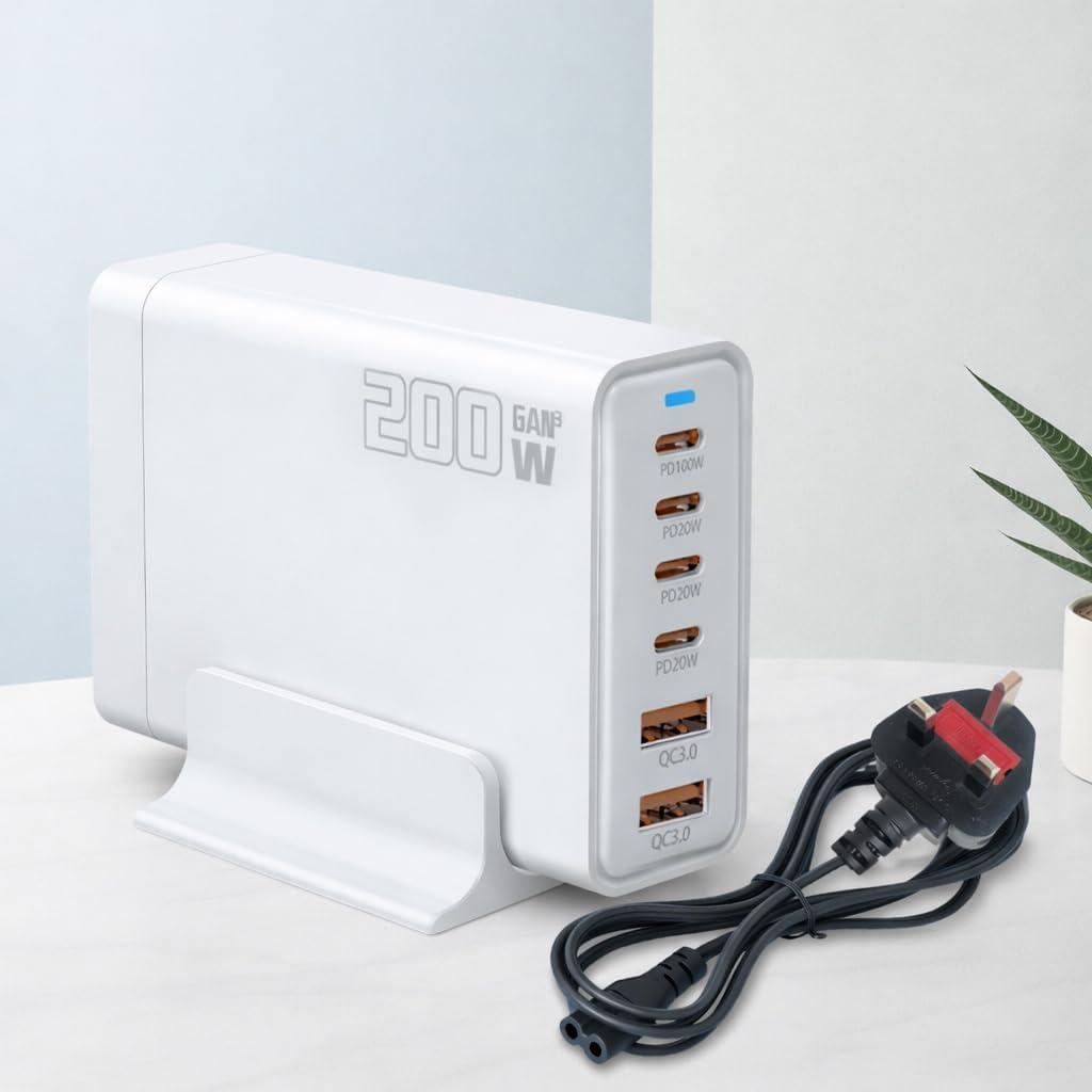 200W 6-Port USB C Charger with Notched Base, Multiple with 4 USB-C and 2 USB-A, US Fast Charger PD 3.0 Power Adapter, Power Supply Compatible with iPhone 17 16 Pro/Pro Max, UK Plug