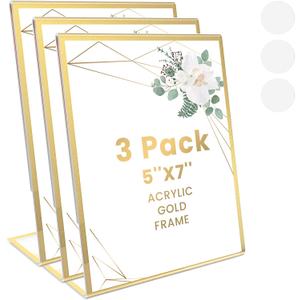 Acrylic Sign Holder 5x7, Slanted Back Gold Picture Frames Flyer Holder Menu Holder for Wedding Table Numbers with Removable Sticky Dots, 3 Pack