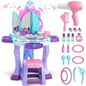 Lehoo Castle Kids Vanity Table and Chair Set, Girls Makeup Table with Mirror Stool Lights Music, Toddler Pretend Play Vanity Set for Princess Dress Up, Girl Toys Gifts for Age 3 4 5 Years Old