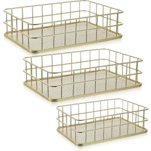 3 Pcs Gold Metal Basket, Gold Wire Baskets for Organizing Wire Mesh Storage Bin Shelf Basket Organizer Storage Baskets for Home Kitchen Bathroom Desk Cosmetic Stationery(9.4"x6.5", 6.8"x4.8")