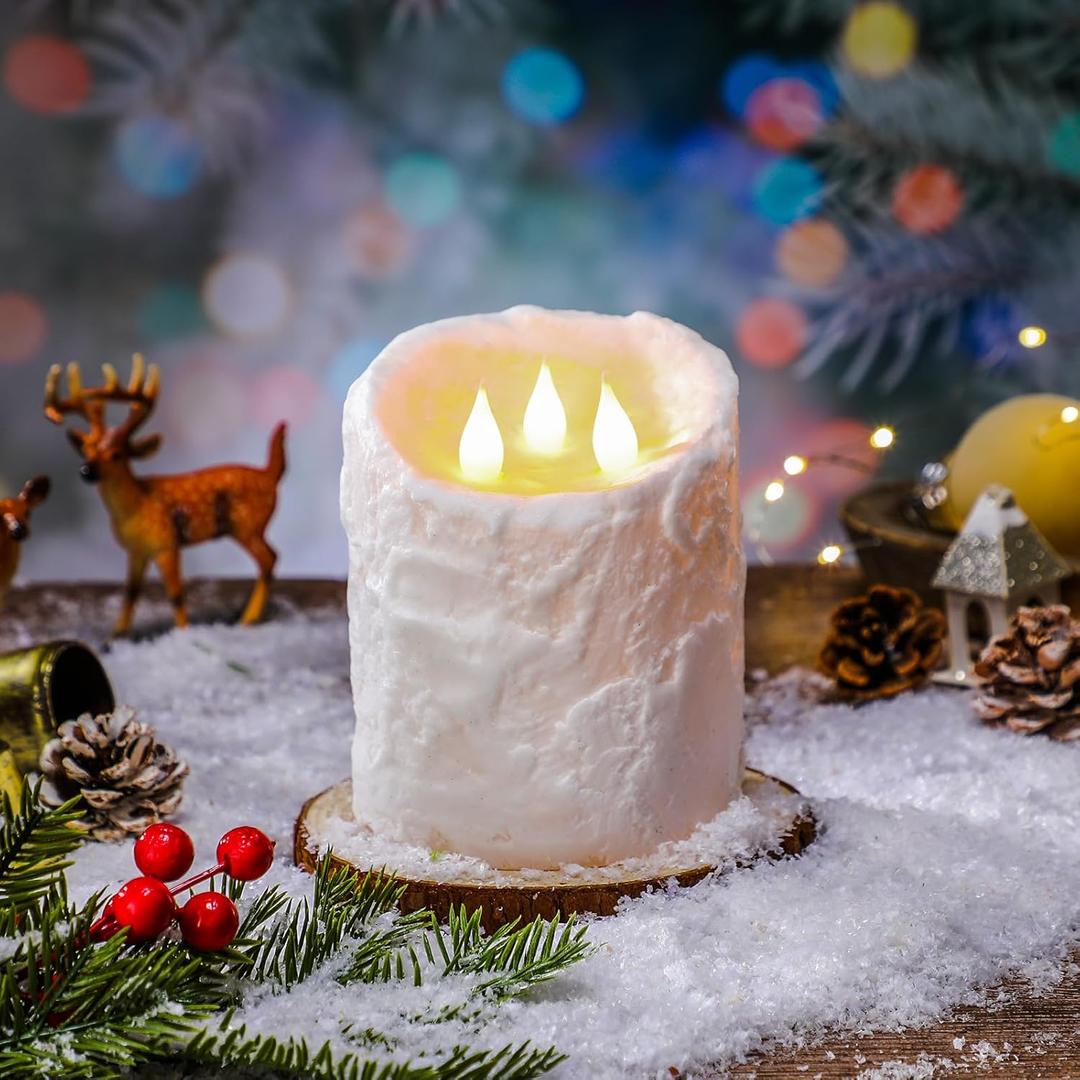 Baquler Large Flameless LED Battery Operated Pillar Candle - 3 Wick 5"x4" Snowy Frosted White Flameless Christmas Fake Candle for Xmas Table Centerpiece Holiday Rustic Indoor Home Decor