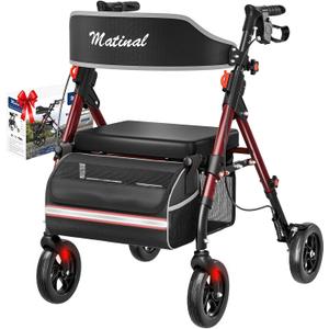 Walkers for Seniors, Rollator Walker with Seat, Walkers for Seniors with seat, 350 lb Capacity,with 8'' Big Wheels, Rolling Walker (Burgundy) (Red)