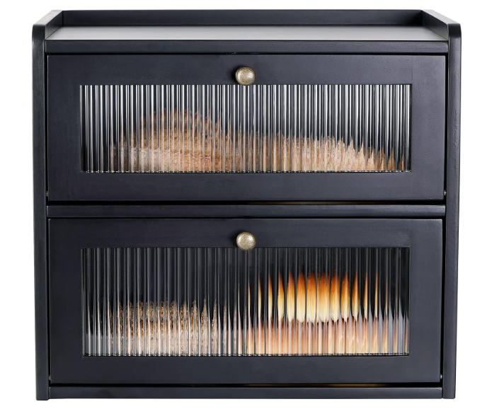 Sunhoo Bread Box for Kitchen Countertop Wooden Bread Storage Container Bin 2 Layer Breadbox Holder Large Capacity Keeper Vintage Farmhouse Food Organizer Pantry Shelf Acrylic Window（Black）