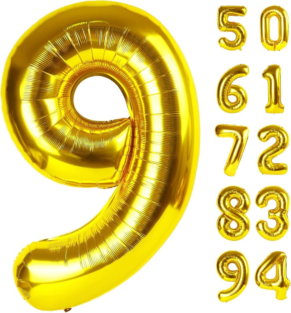Gold 9 Balloon, Number Balloon 40 Inch, Gold Party Decorations, Giant Birthday Decorations for 9th 19th 29th 90th, Number 9 Balloon
