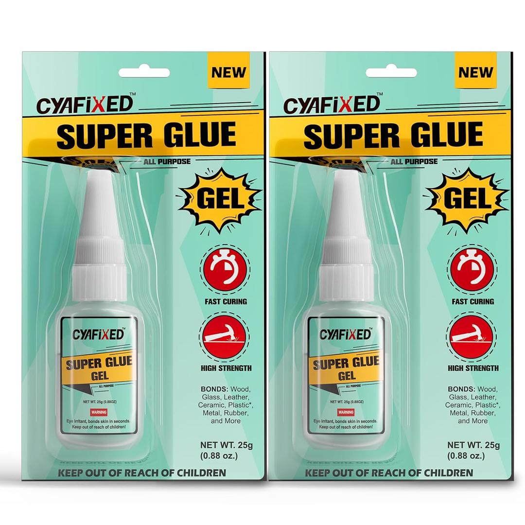 Super Glue Gel 25 Gram (Pack of 2) Clear CA Glue for Wood Furniture Plastic Ceramic Glass Leather, All Purpose Cyanoacrylate Adhesive, Heavy Duty Superglue Repair Metal Model Shoe Stone Pottery Rubber