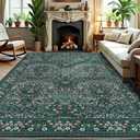 GarveeHome 8x10 Floral Washable Rug, Dark Green Vintage Boho Low Pile Non Slip Area Rug, Soft Botanical Indoor Throw Rug for Living Room, Entryway, Bedroom, Dining Room
