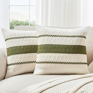 GriNeed Throw Pillow Covers Set of 2 18x18 Inch Boho Pillow Covers, Soft Neutral Cotton Olive Green Decorative Case for Couch Sofa Bed Living Room, Home Modern Woven Farmhouse Cute Decor